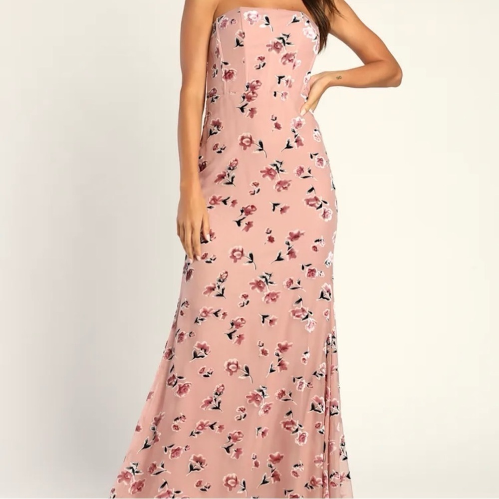 NWT, Lulus Always Dancing Mauve Floral Strapless Fitted Maxi Dress, Size Small